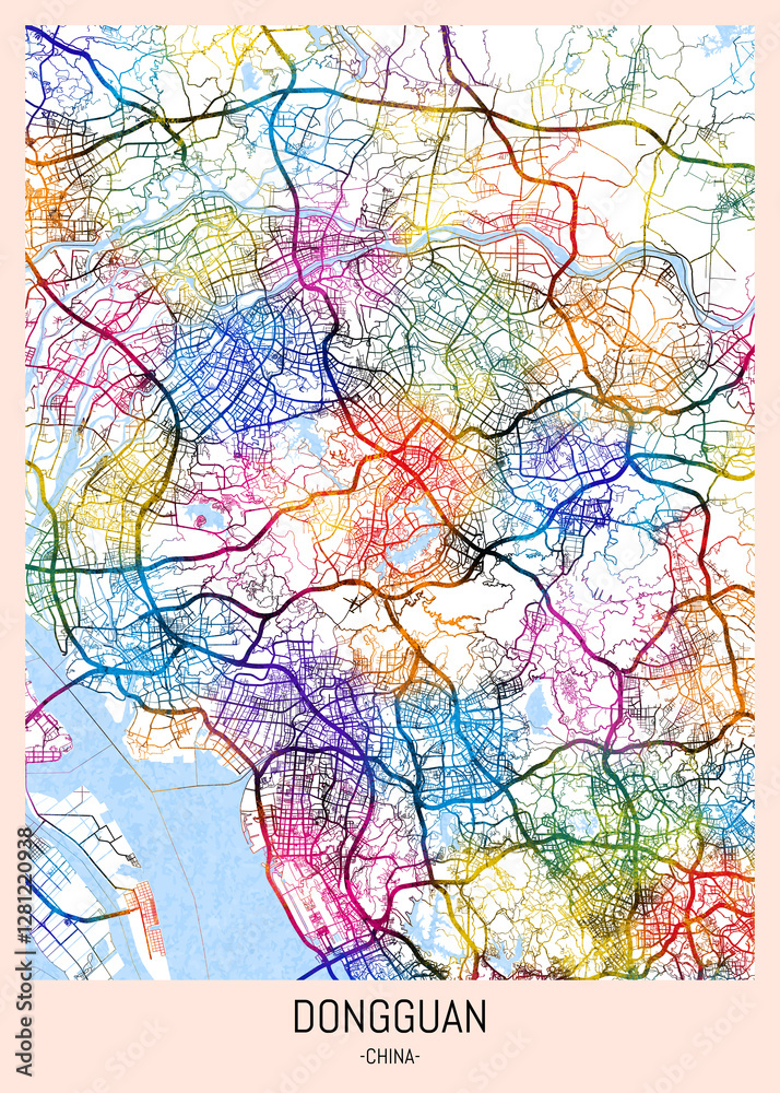 Obraz premium Dongguan China City Map, district banner, business modern landmark, neighborhood paint travel, hometown downtown design, destination landmark