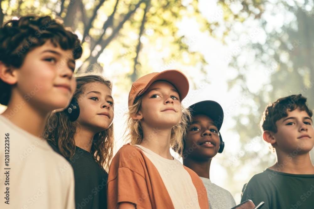 diverse group of children and teenagers in casual attire stands together in urban park setting diverse group of children and teenagers in casual attire stands together in urban park setting