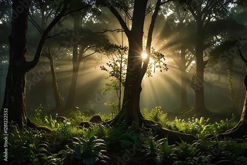 Behold, a wondrous and ethereal tableau unfolds before your very eyes - a mystical woodland, resplendent with resplendent hues, luminescent flora, and otherworldly beings, converging harmoniously