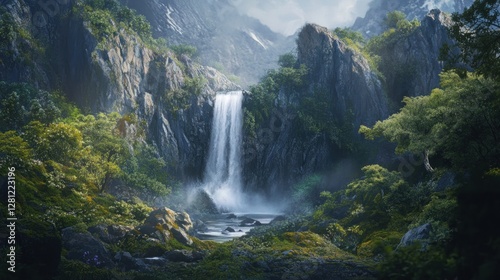 Majestic waterfall cascading down rocky cliffs in a lush green valley.