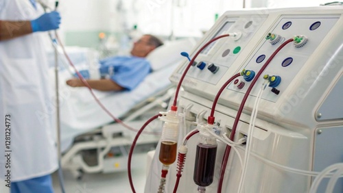 close-up of a dialysis machine with tubes and filters, highlighting the technology used in kidney treatment, set in a clean and sterile medical setting.