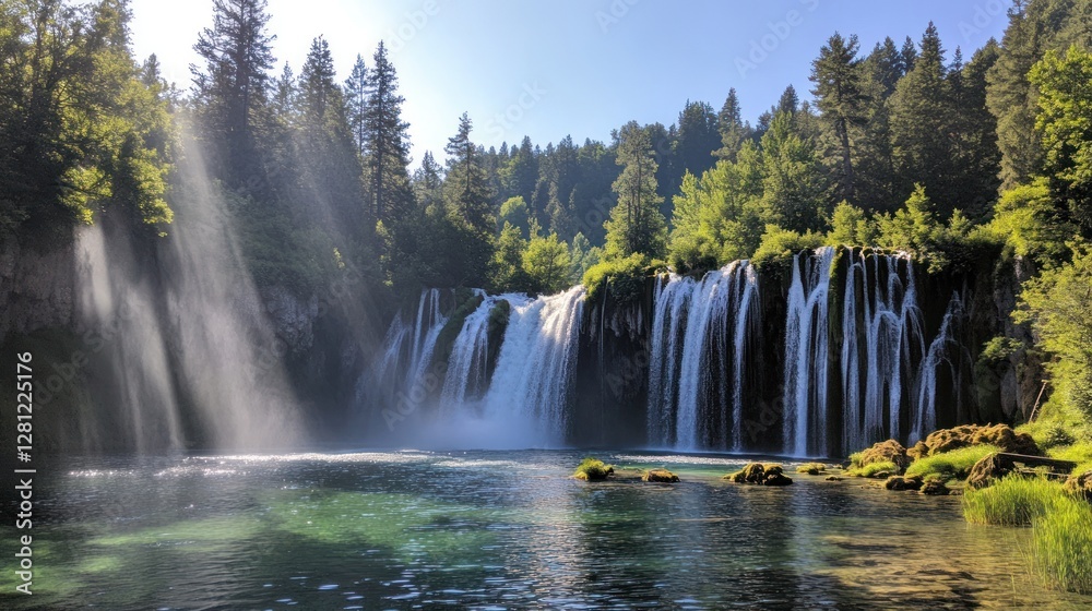 Fototapeta premium Sunlit Waterfall Cascading Through Lush Green Forest