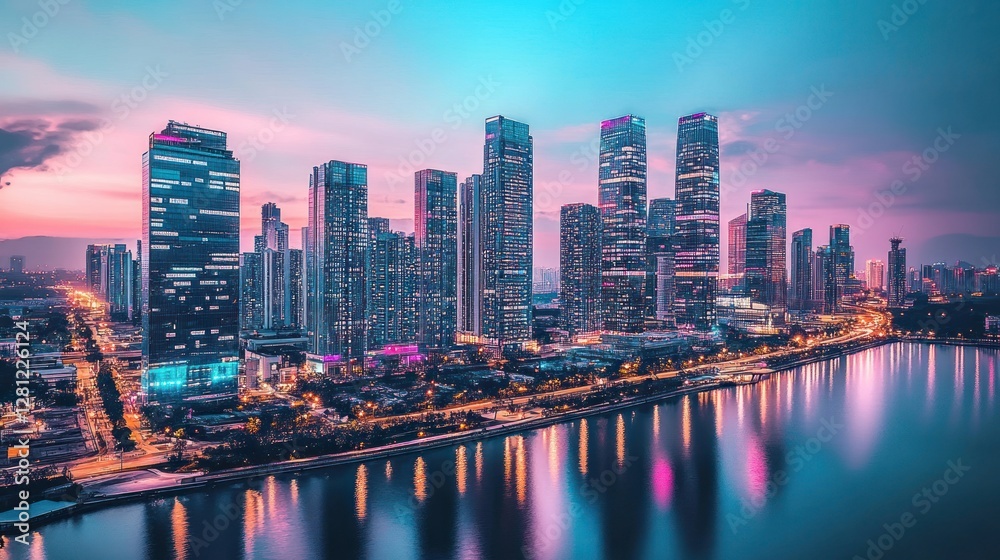 Naklejka premium Vibrant city skyline at sunset, reflecting in calm water.