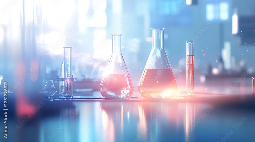Laboratory Glassware with Red and Clear Liquids on Reflective Surface Laboratory Glassware with Red and Clear Liquids on Reflective Surface