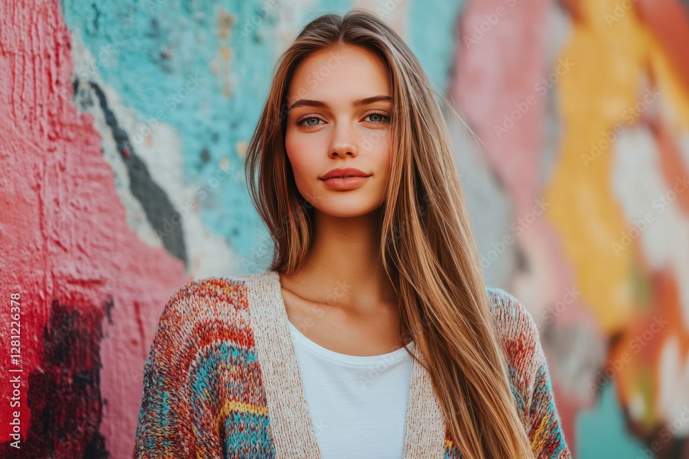 Naklejka premium Young Woman with Long Hair Posing Against a Colorful Mural in Urban Setting