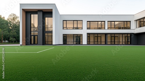 Modern school building exterior with artificial turf field. Exterior view of contemporary school architecture. Possible use Stock photo for educational materials