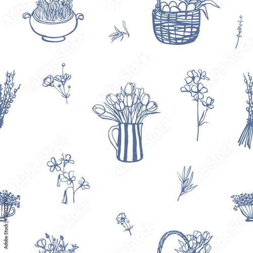 Spring flowers sketch style seamless pattern