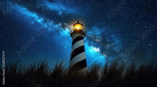Illuminated Lighthouse Under a Starry Night Sky