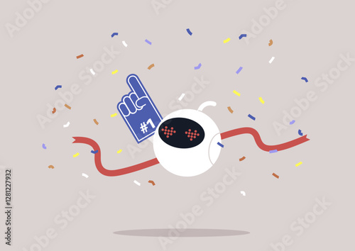 A lively celebration featuring cheerful robot confetti and a playful number one sign, bringing a sense of joy and excitement to this unique digital atmosphere filled with color