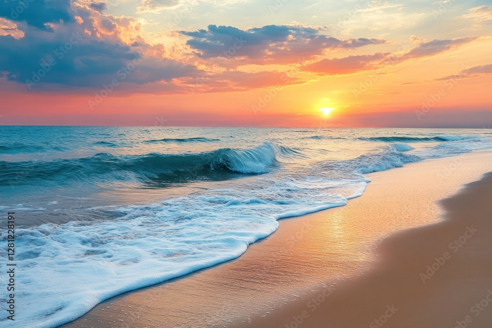 Serene Sunset Over Calm Ocean Waves at Sandy Beach with Colorful Skies and Gentle Breeze Serene Sunset Over Calm Ocean Waves at Sandy Beach with Colorful Skies and Gentle Breeze
