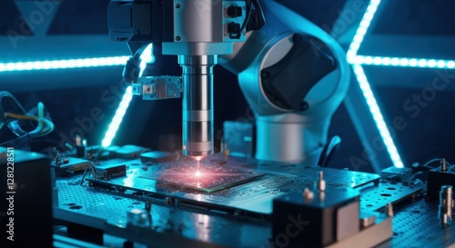 Robotic arm in electronics lab carrying out precise circuit board assembly with laser scanner