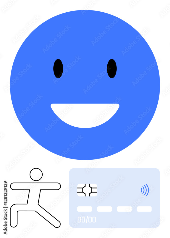 Fototapeta premium Blue happy face, minimal stick figure in movement pose, and contactless payment card graphic. Ideal for happiness, active lifestyle, finance, technology, engagement, digital innovation abstract line