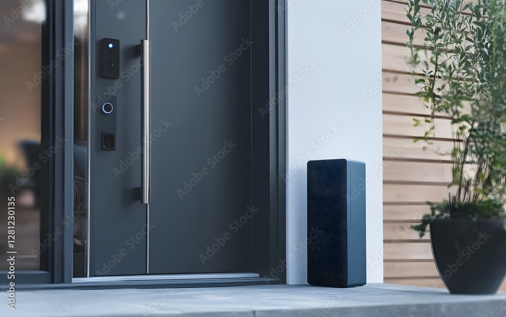 Fototapeta premium A modern entrance featuring a sleek smart speaker near a door. The stylish design harmonizes technology with home aesthetics, enhancing convenience and ambiance.