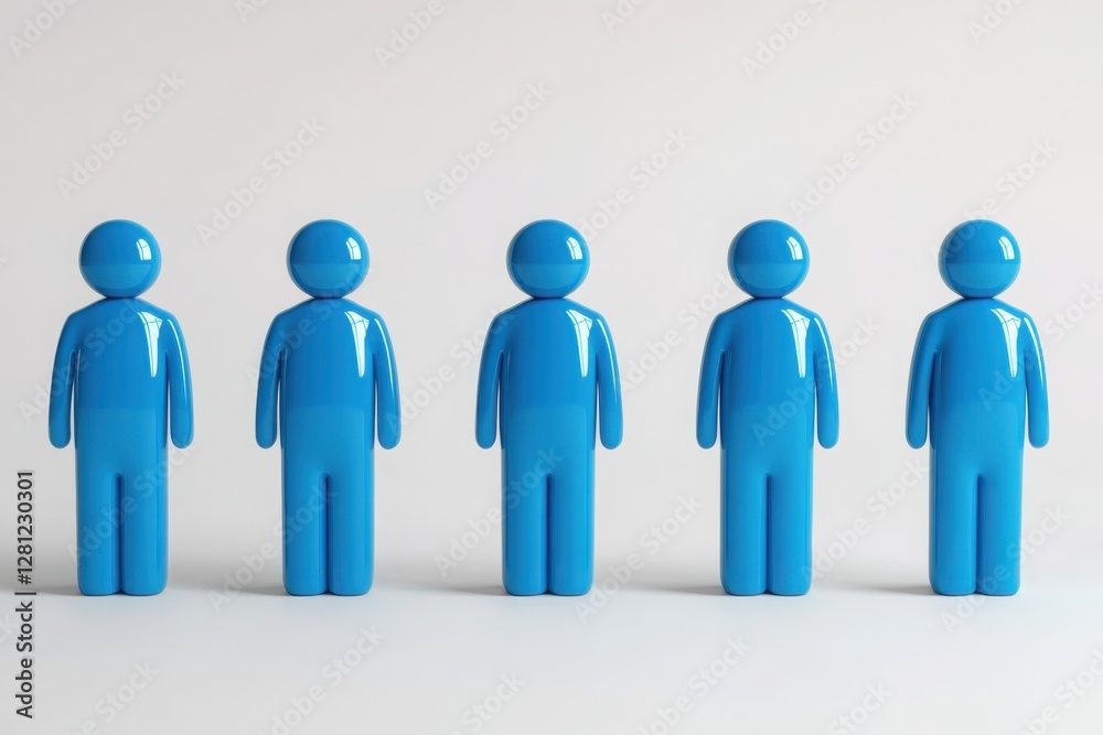 A 3D render of a series of blue human icons in a straight line, each depicted in a clean, cartoonish style. 