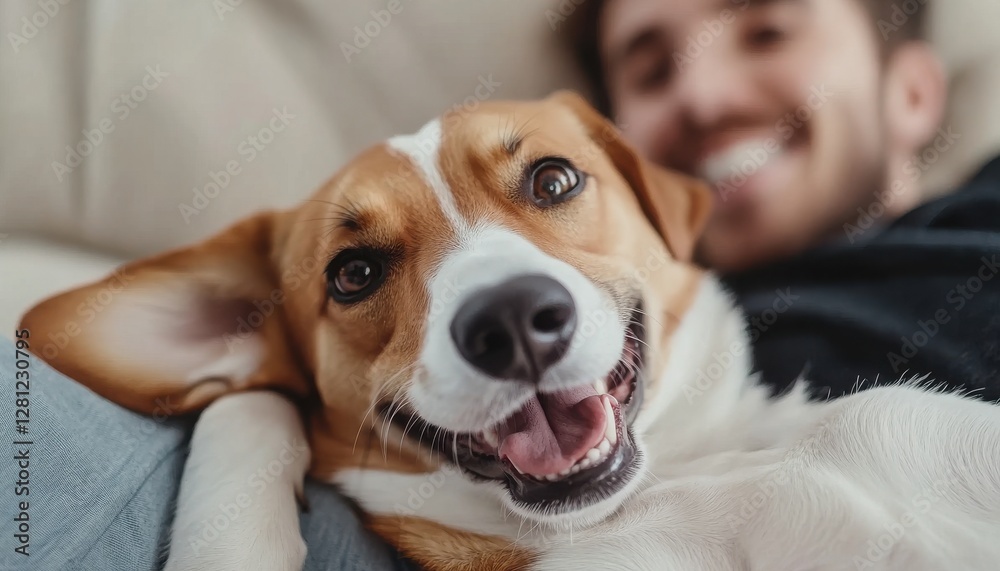 A happy dog with a joyful expression rests beside its owner, showcasing the bond of friendship and love between them. A happy dog with a joyful expression rests beside its owner, showcasing the bond of friendship and love between them.