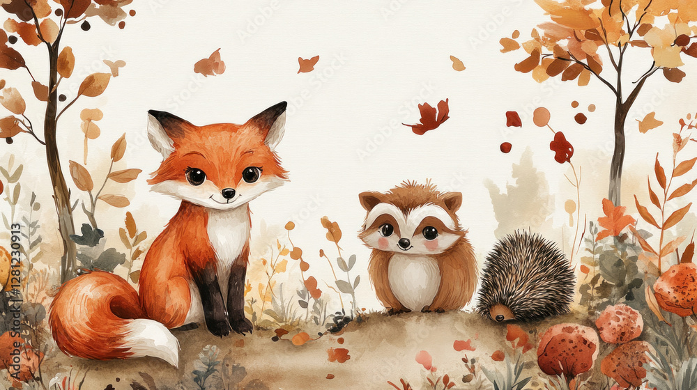 Fototapeta premium Cute animal wallpaper with watercolor-style foxes, owls, and hedgehogs scattered on a pastel background