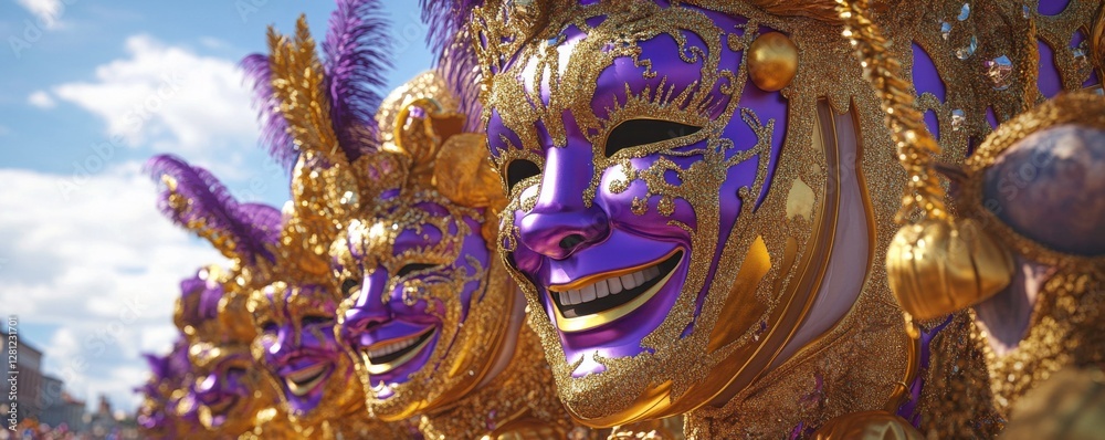 Fototapeta premium A vibrant display of golden and purple masks, showcasing intricate designs, set against a bright sky, embodying the spirit of celebration and festivity.
