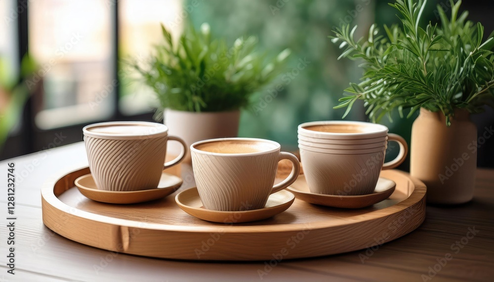 coffee cups on wooden tray with greenery for cozy cafes or home decor coffee cups on wooden tray with greenery for cozy cafes or home decor