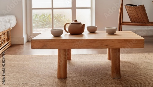 Japanese-inspired low wooden bistro coffee table, serene tea house setting, ceramic tea set