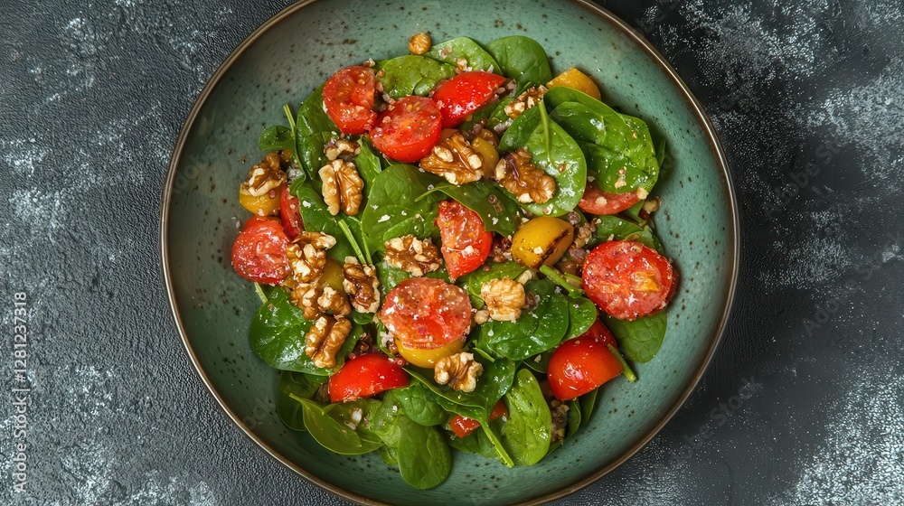 Delicious spinach salad with cherry tomatoes and walnuts Delicious spinach salad with cherry tomatoes and walnuts