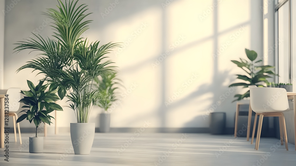 A minimalist office space with clean, white walls and simple furniture. Potted plants are scattered around, adding a touch of green to the scene A minimalist office space with clean, white walls and simple furniture. Potted plants are scattered around, adding a touch of green to the scene