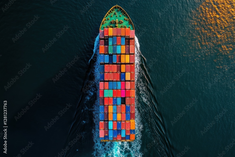 Colorful Cargo Ship with Containers Navigating Through Calm Water During Sunrise or Sunset