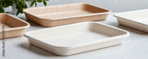 Compostable sugarcane fiber meal trays on countertop