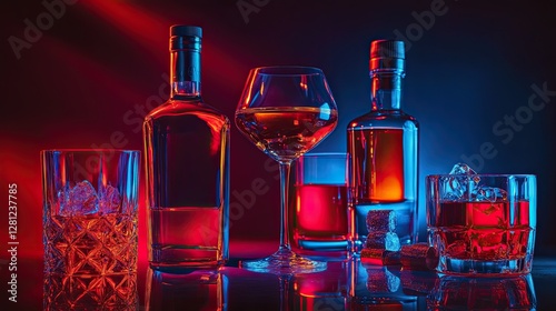 Still life with different glasses and bottles of alcohol. on neon red light.