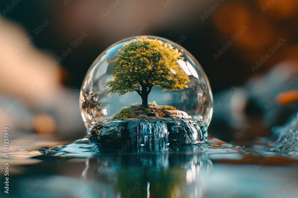 Tree Surrounded by Crystal Clear Water in a Magnificent Glass Sphere with Reflections Tree Surrounded by Crystal Clear Water in a Magnificent Glass Sphere with Reflections