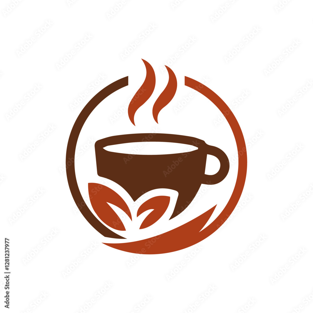 Obraz premium Coffee Cup Logo with Steam and Leaves - Cafe, Organic Coffee, Beverage Branding Vector