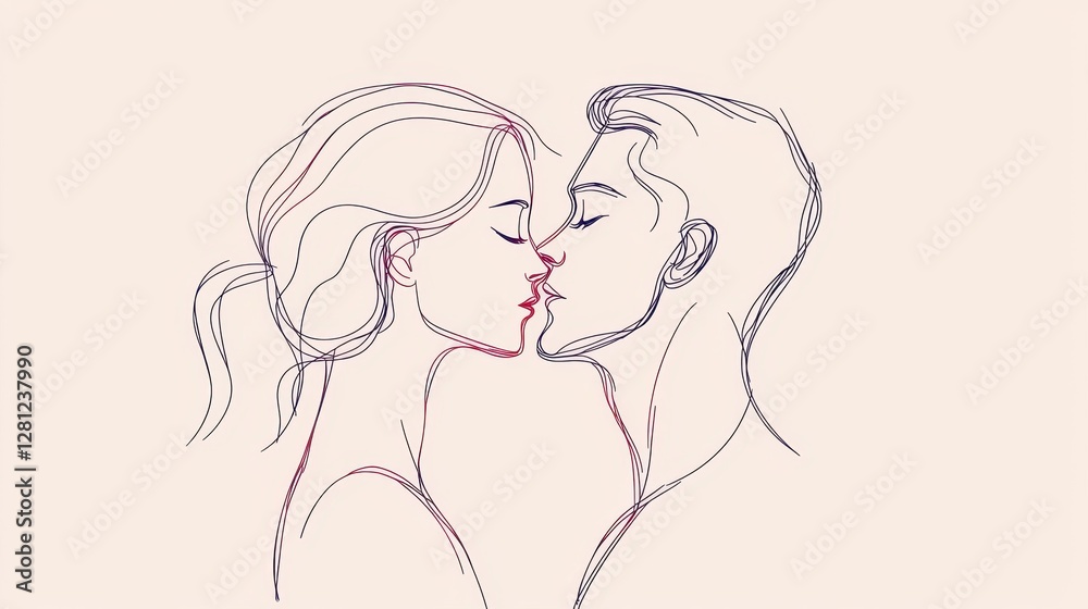 Romantic Minimalist Line Art of Couple Kissing Embracing Love Romantic Minimalist Line Art of Couple Kissing Embracing Love
