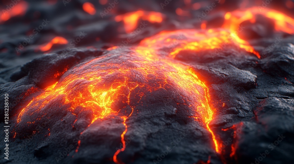 Fototapeta premium Molten lava flowing over dark, rough volcanic rock.