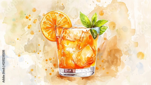 Watercolor Illustration of a Whiskey Sour Cocktail