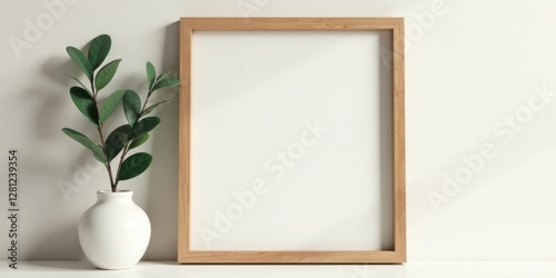 Simple Wooden Frame Mockup with Greenery in a White Vase on Neutral Background