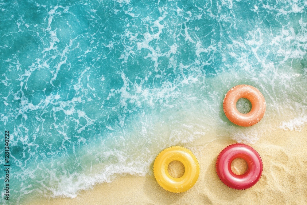 Naklejka premium Colorful Inner Tubes on Sandy Beach with Turquoise Waves and Foamy Water