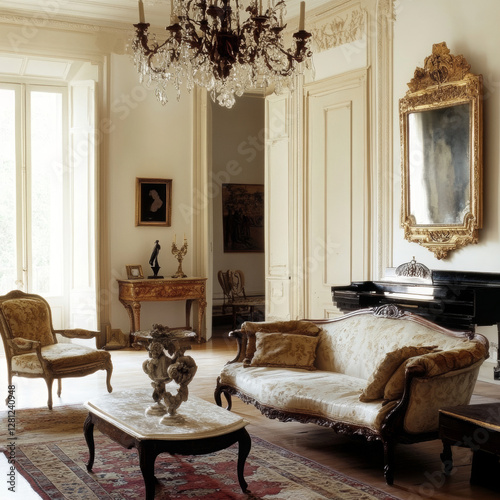French provincial interiors blend rustic elegance with soft colors, antique furniture, natural materials, and ornate details.