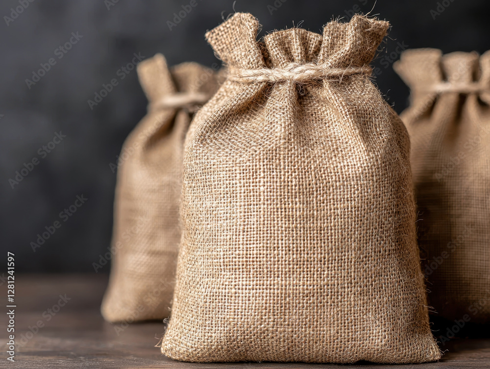 Natural jute bags for coffee packaging on wooden surface Natural jute bags for coffee packaging on wooden surface