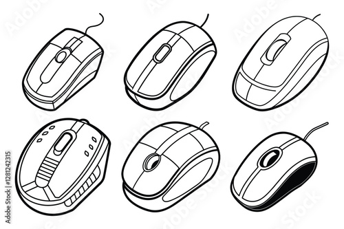 Set of hand drawn sketch computer mouse, mouse   for children coloring book line art vector illustration on white background.