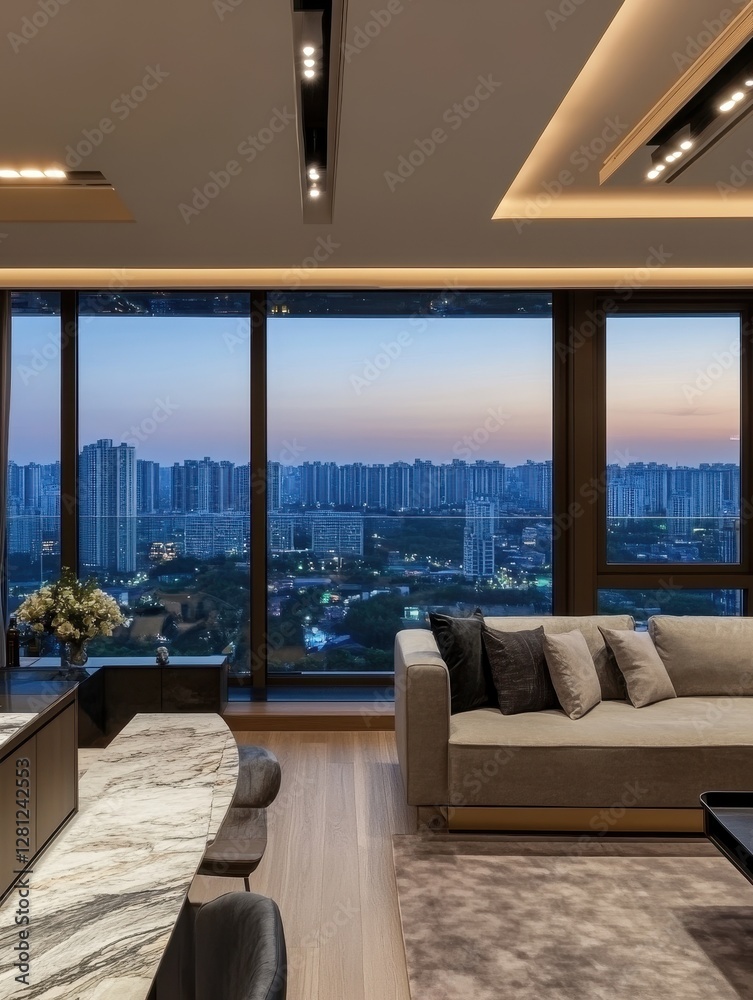 Fototapeta premium Evening twilight shows a city skyline from within a home