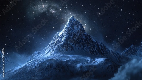 A snow-covered mountain peak at night with the Milky Way in view, award-winning photography