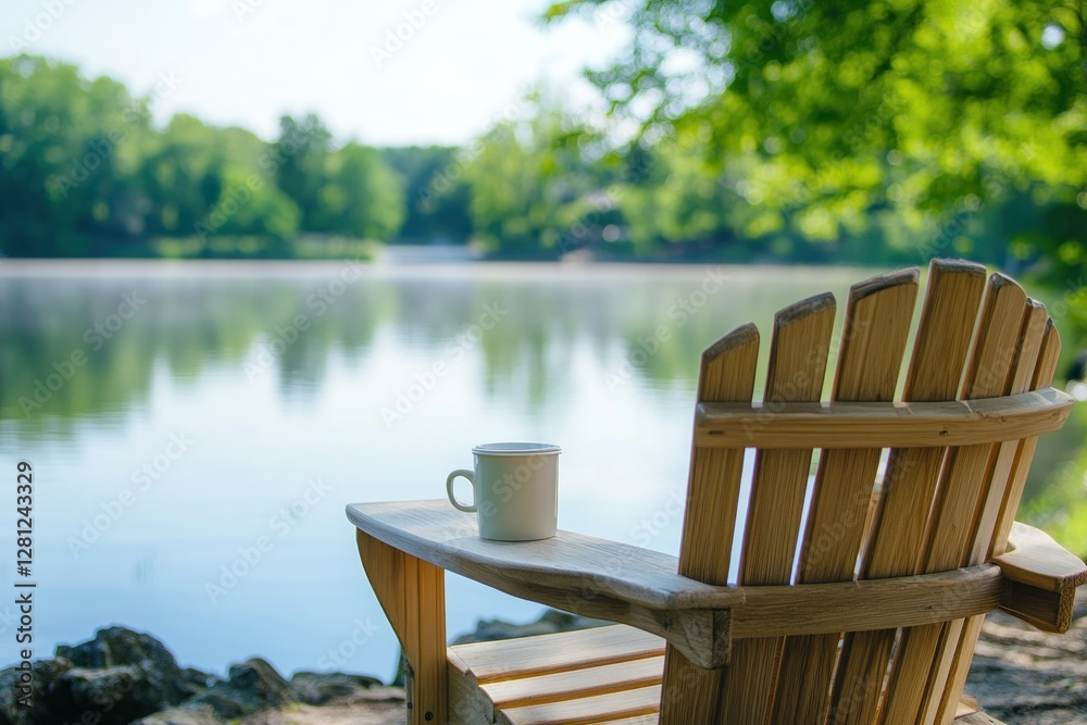 Fototapeta premium Serene Lakeside Retreat with Wooden Chair and Coffee Mug in Tranquil Nature Setting