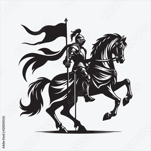 Knight with Horse Silhouette in Black and White for Medieval and Warrior-Themed Designs
