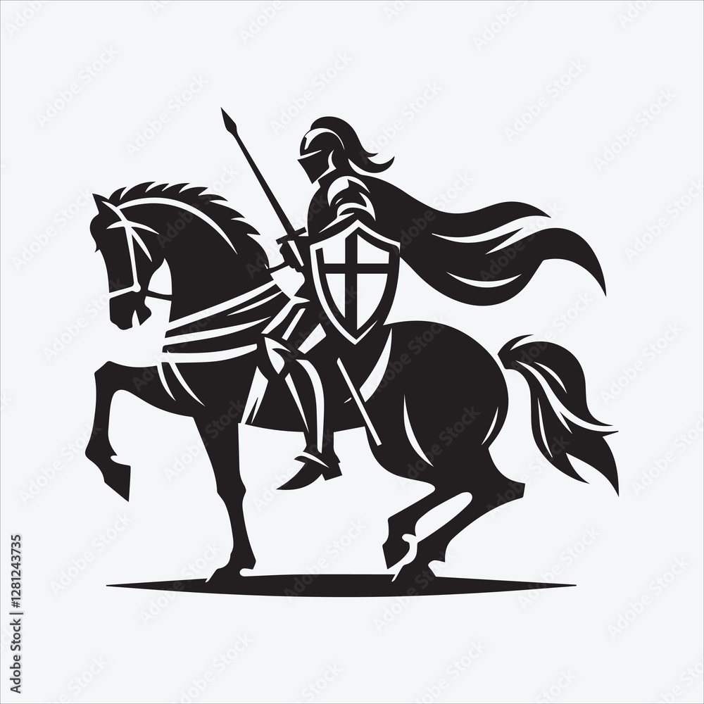 Knight with Horse Silhouette in Black and White for Medieval and Warrior-Themed Designs Knight with Horse Silhouette in Black and White for Medieval and Warrior-Themed Designs