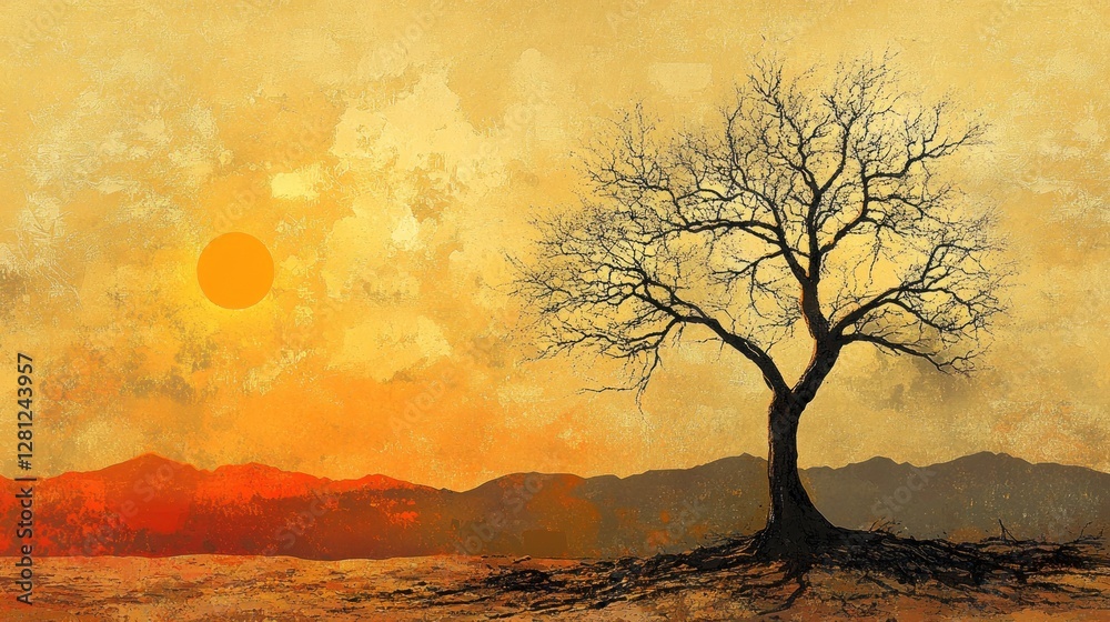 A lone tree stands against a fiery sunset, silhouetted against the warm glow of the sky. A lone tree stands against a fiery sunset, silhouetted against the warm glow of the sky.