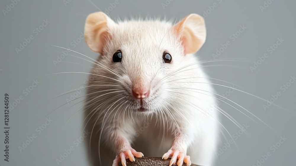 Close-up of a white rat; looking directly at camera; gray background. Use stock photo Close-up of a white rat; looking directly at camera; gray background. Use stock photo