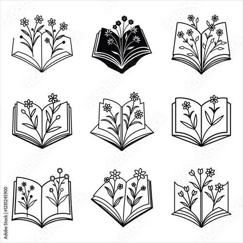 Set of hand drawn sketch open book with flowers  for children coloring book line art vector illustration on white background.