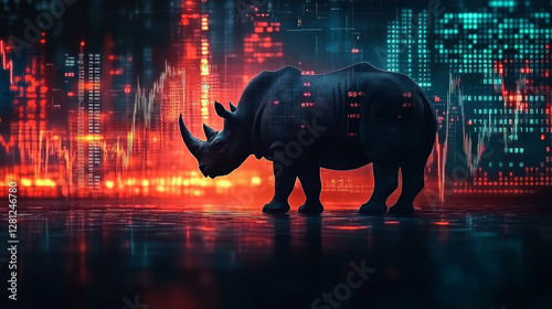 Gray rhino animal and stock market data fluctuations, financial crisis theme photo