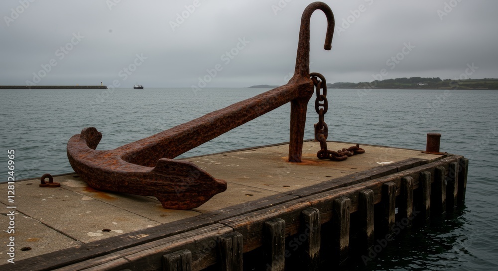 Fototapeta premium Weathered maritime relic massive rusted anchor on a harbor dock seascape