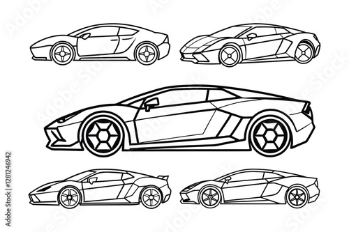 set of car, super car, modern car for a children coloring book line art vector illustration on white background.