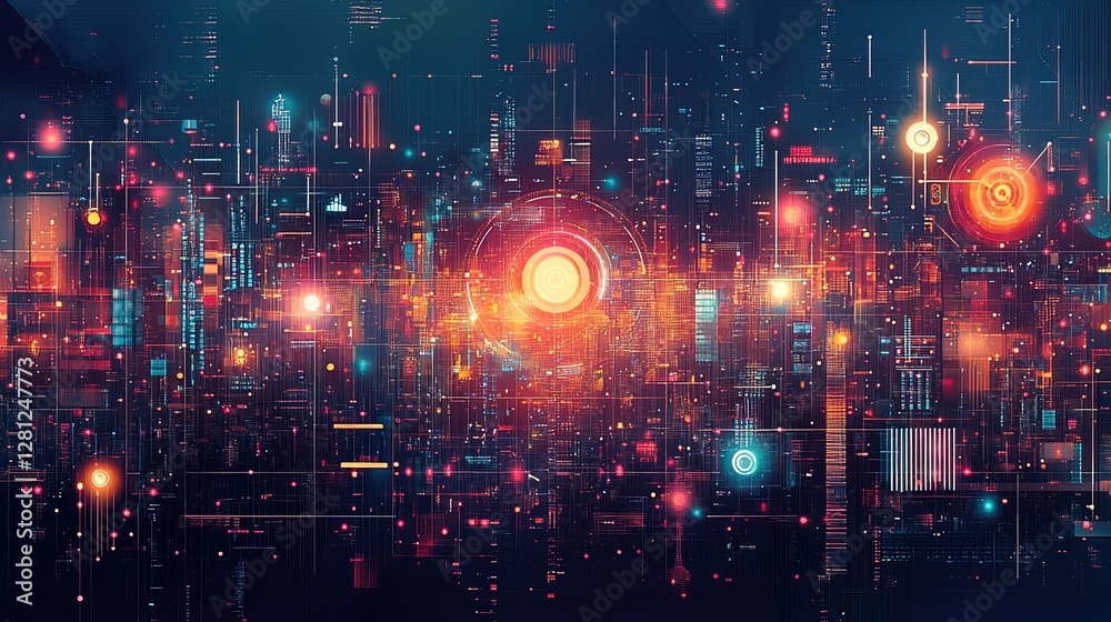 Abstract technology landscape with glowing tech data, digital symbols, and geometric patterns Abstract technology landscape with glowing tech data, digital symbols, and geometric patterns